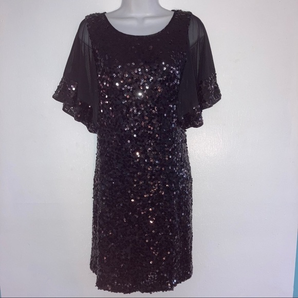 Ignite Black Sequin Stretch Sheer Flutter Short Sleeve Dress 6 - Picture 13 of 13
